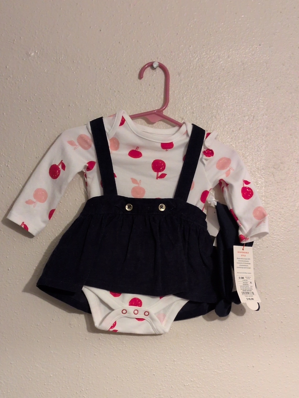 3 PC NWT Cat & Jack Long-Sleeve Cherry Bodysuit w Navy Skirt & Headband 0-3 Mo